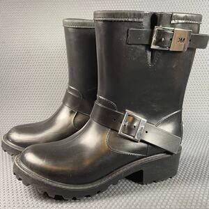 Michael Kors Devenport SIZE 6 Matte Black Rubber Rain Snow Boots Buckles Moto